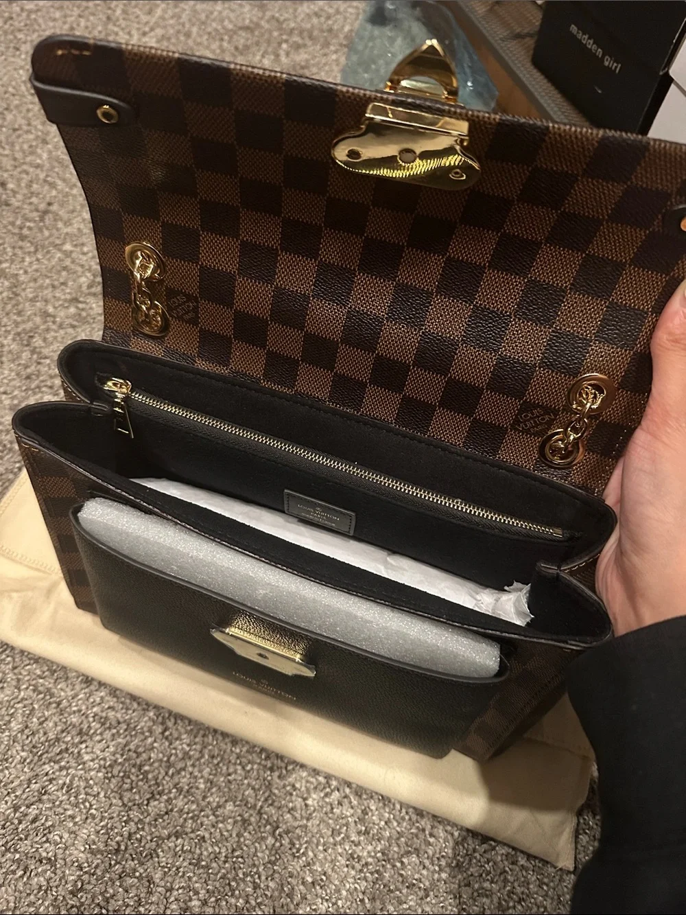 Louis Vuitton Brown Damier Ebene & Black Chain Shoulder Bag with Gold Hardware